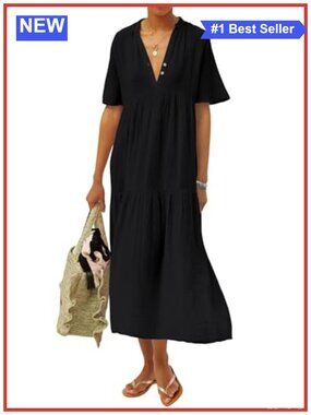 Cotton Maxi Dress Flowy Summer Boho V-Neck